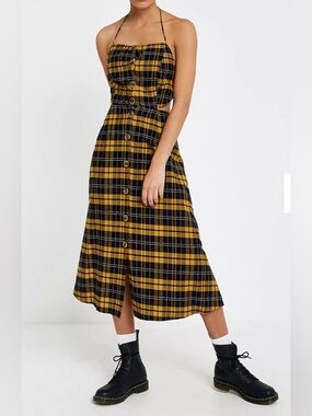 Urban Outfitters Plaid Halter Midi Dress Yellow Black Button Front Cutout Small